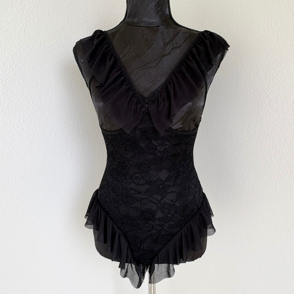 KLIER Lace Ruffle Mesh Trim Open Breast Bodysuit Womens Size S Black